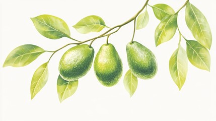 26.A clean, stylized illustration of ripe avocados hanging in clusters from mature tree branches, with fresh green leaves framing the fruits, ideal for a farm-to-table branding project.