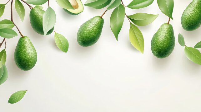 26.A clean, stylized illustration of ripe avocados hanging in clusters from mature tree branches, with fresh green leaves framing the fruits, ideal for a farm-to-table branding project.