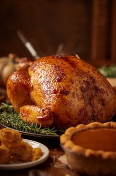 Close-Up of Traditional Thanksgiving Turkey and Side Dishes on Rustic Table	