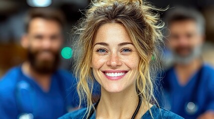 A diverse group of healthcare professionals, including a smiling woman and two men, are seen in a hospital or clinic setting, wearing blue scrubs.