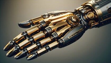 Naklejka premium A golden mechanical robotic hand