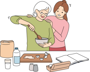 older woman guiding daughter through heirloom baking, kitchen mentorship