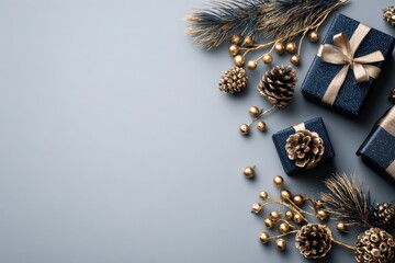 Festive holiday decorations featuring dark blue gifts and metallic gold accents arranged on a muted background