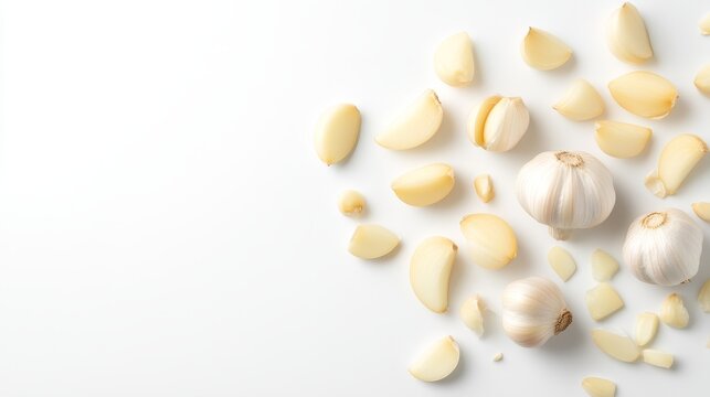 7.A high-quality, detailed composition showing whole garlic bulbs, peeled garlic cloves, and neatly chopped slices, isolated against a crisp white background for a fresh, culinary feel.