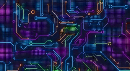Colorful circuit board background with intricate electronic pathways for technology and data processing