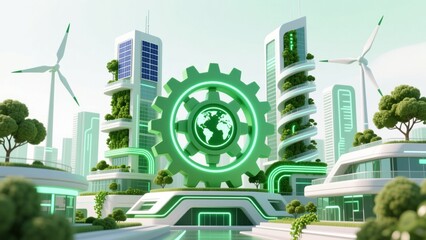 A futuristic eco city with green gears, trees, and wind turbines showing harmony of tech and nature in cold chain logistics solutions