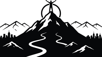 Silhouette person standing on mountain peak with arms outstretched