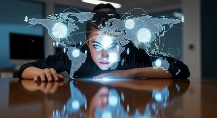Global business woman exploring digital connections with holographic world map interface in modern office for innovative strategy and international success