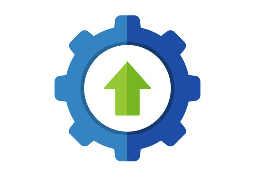 Icono de un engranaje azul con una flecha verde apuntando hacia arriba