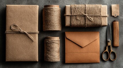 Kraft paper gift wrapping supplies displayed in flat lay arrangement, including twine, brown envelope, and scissors on a neutral background