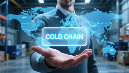 An open hand holding a glowing cold chain label with digital world map showing global tech driven cold chain logistics solutions