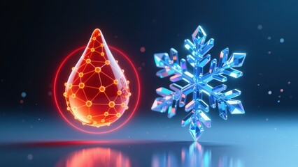 A glowing droplet and blue snowflake showing balance of heat and cold energy concept in futuristic cold chain logistics solutions
