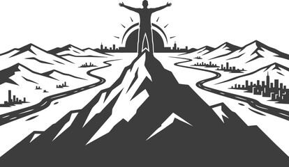 Silhouette person standing on mountain peak with arms outstretched