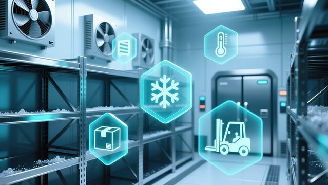 A blue lit cold storage with shelves and holographic cooling icons symbolizing modern cold chain logistics solutions precision