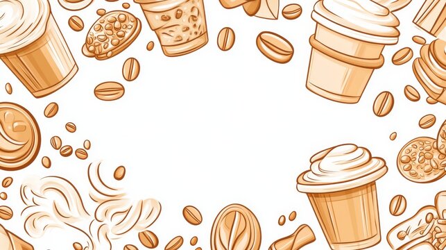 38.An intricate, hand-drawn doodle frame composed of coffee elements such as steaming cups, scattered beans, and creative swirls, with a warm, inviting color palette perfect for a coffee shop design.