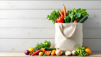 Various fresh vegetables in eco cotton bag on a wooden table healthy food and zero waste concept red pepper, carrots, zucchini, parsley and greens