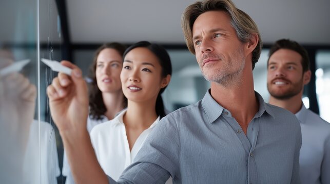 Professional business meeting with diverse professionals collaborating on strategy and teamwork in a modern office environment for corporate success