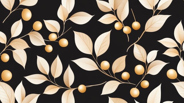 63.A minimalist yet bold design with delicate coffee tree branches and vibrant gold coffee cherries drawn in ink on a stark black background, offering a sophisticated look for brochures and fabric