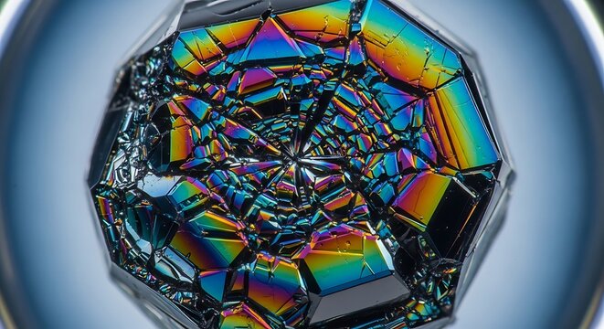 Stunning close-up of vibrant iridescent crystal structure refracting light, a mesmerizing display of colors perfect for science, technology, or abstract design projects