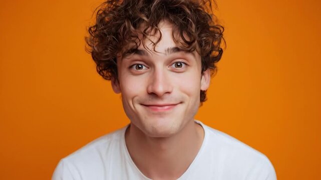 A compelling close-up portrait features a young adult male with distinct curly brown hair and expressive brown eyes, gazing directly into the camera with a neutral and thoughtful expression. Dressed c
