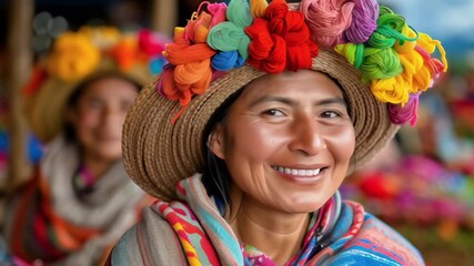 smiling woman in colorful traditional clothing and vibrant hat at lively outdoor market captured in warm joyful motion