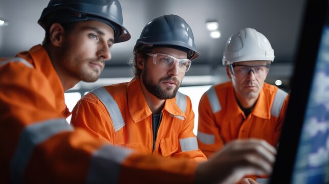 Professional construction engineers collaborating on a project with safety gear and modern equipment in a busy industrial workspace for industry development