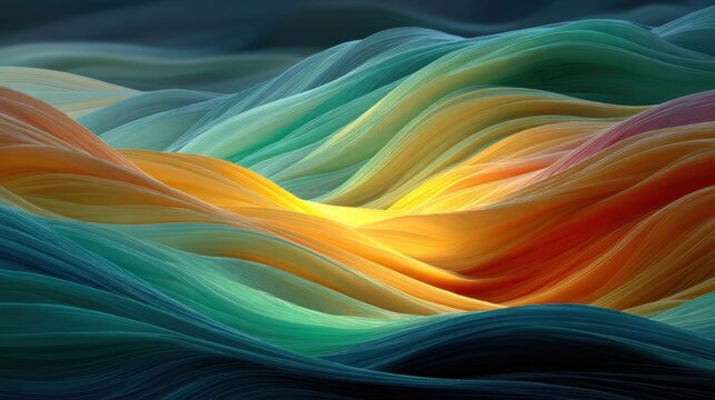 Abstract multicolored glass waves flow in a dynamic gradient from blue to red with depth and glow, suitable for design stock