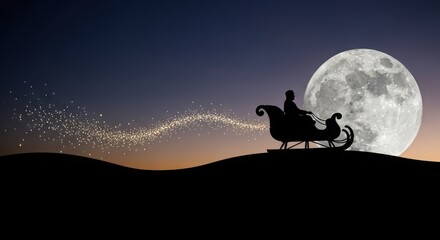 Santa claus silhouette riding sleigh with reindeer in the night sky