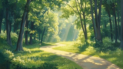 Fototapeta premium 98.A peaceful image of a winding trail through a lush, green Croatian forest, with sunlight gently filtering through the tall trees, illuminating the path that disappears into the forest, inviting a