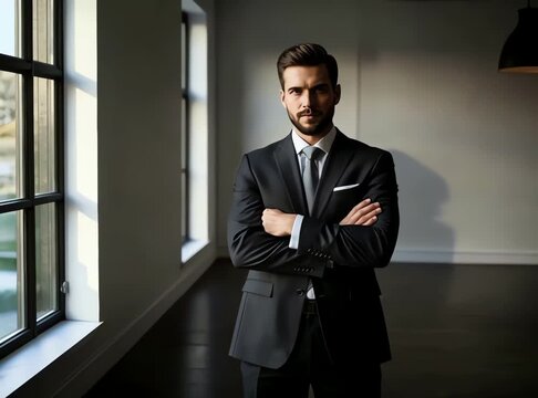 Portrait of a man with beard and suit posing with arms crossed indoors near a window and light fixture video, 8k resolution