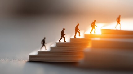Upskilling and personal development concept showing a knitted figure climbing wooden steps, representing skill training and education