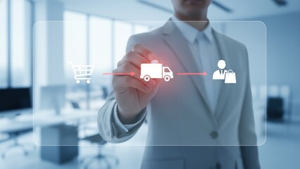 A modern office scene with transparent digital flow chart for efficient cold chain logistics solutions