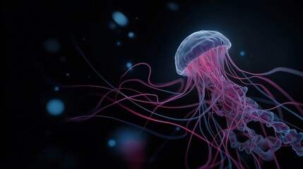 Obraz premium Stunning underwater image of a glowing jellyfish showcasing bioluminescence, delicate tentacles, vibrant colors, and the ethereal beauty of marine life in deep sea environments