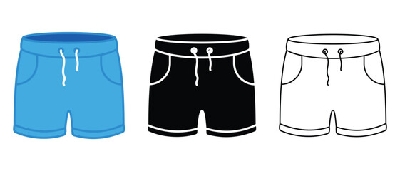 Shorts pant icons. Silhouette of Shorts pant, Swimming trunks, fashion, trousers, clothing symbol with pockets of different styles. Linear shorts icon Vector illustration.