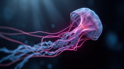 Stunning underwater image of a luminous jellyfish with flowing tentacles in deep ocean, showcasing marine life, aquatic animal, bioluminescent features, and vibrant ocean scene