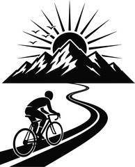 Cyclist silhouette on a scenic mountain road vector