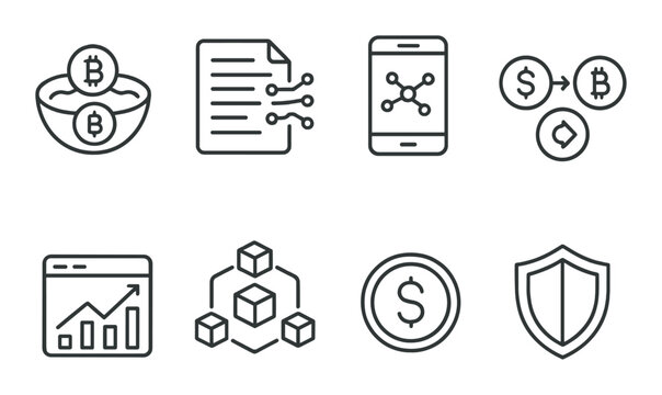 Digital finance icons set featuring blockchain and cryptocurrency symbols