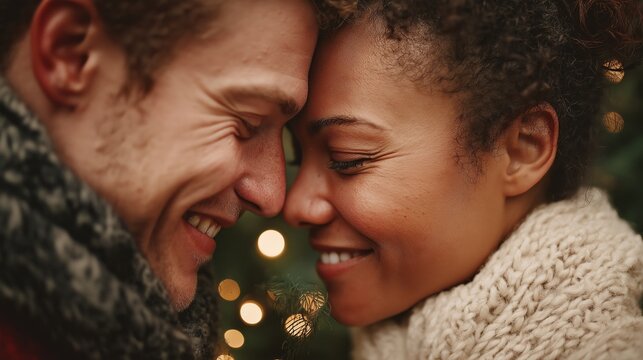 Smiling interracial couple faces close together surrounded by Christmas lights. Concept of love, connection, and joyful winter relationship