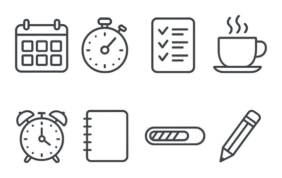 Transparent icons of calendar, stopwatch, checklist, coffee, alarm, notebook, progress bar, pencil on striped background