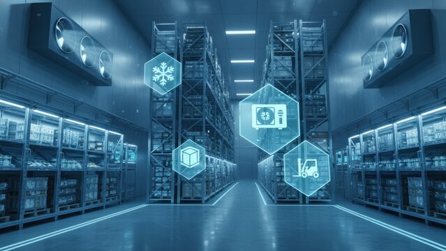 A high tech blue lit warehouse with holographic icons representing advanced cold chain logistics solutions