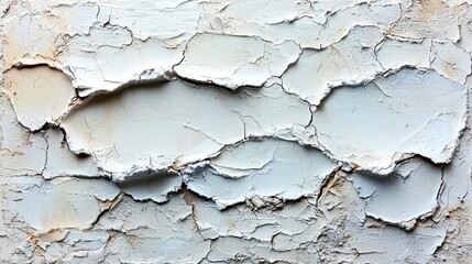 Fototapeta premium A close-up, abstract view of thick, textured paint layers in white and cream hues, with visible cracks and subtle blue undertones.