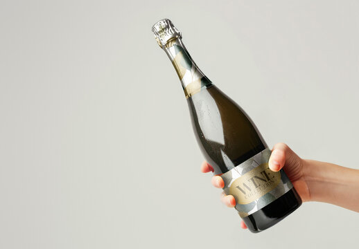Elegant Champagne Bottle Mockup Held Gracefully PSD