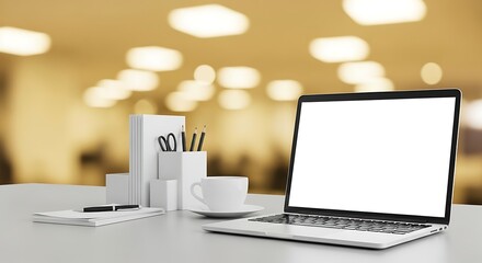 Laptop on Desk with Coffee and Golden Bokeh