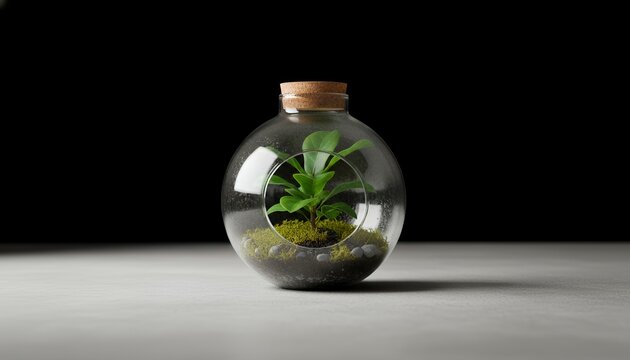 Glass terrarium with green plant and moss on concrete surface esg investment concept