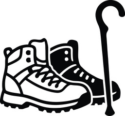 Hiking boots silhouette with walking stick