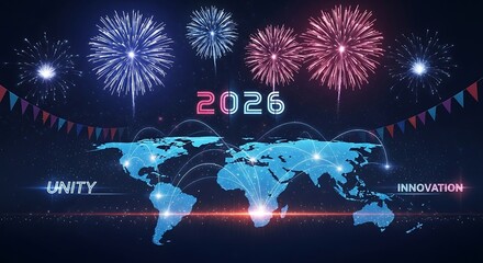 Bright fireworks display over a glowing world map celebrating the year 2026 and new year s eve