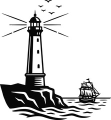 Lighthouse silhouette vector by the sea