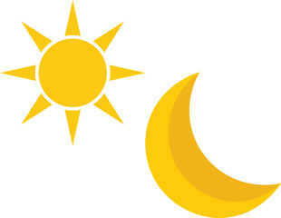 Yellow sun and crescent moon icons on white background vector graphic