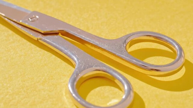 A crisp, close-up shot features a sleek pair of silver metallic scissors resting on a vibrant, textured yellow background. The sharp blades and ergonomic handle rings are clearly visible, reflecting t