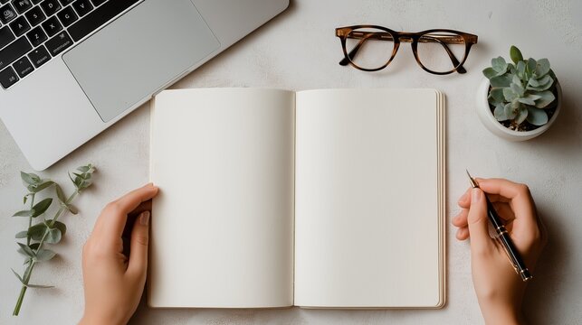 Top view of female hands holding open blank notebook with pen and laptop nearby. Concept image for study, productivity, education, and digital learning